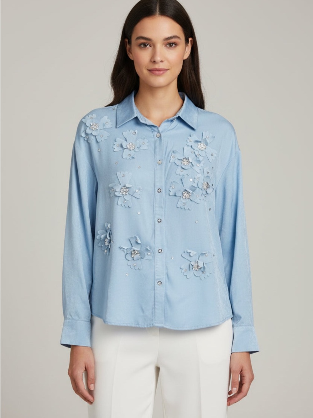 Source Unknown Light Blue 3D Floral Embellished Button-Down Shirt